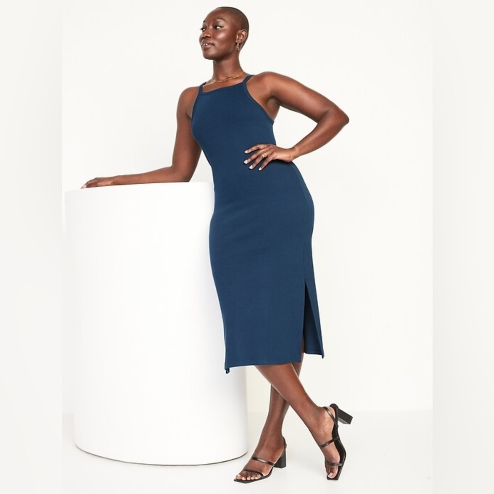 NWOT Old Navy Navy Blue High Square Neck Ribbed Midi Cami Dress